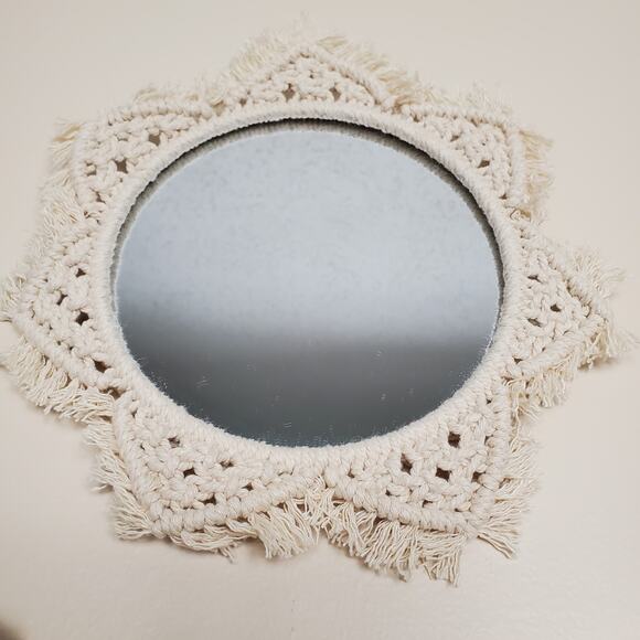 Set of 3 Cream White Macrame Woven Fringe Boho Round Mirror Wall Hanging Decor - Picture 3 of 4